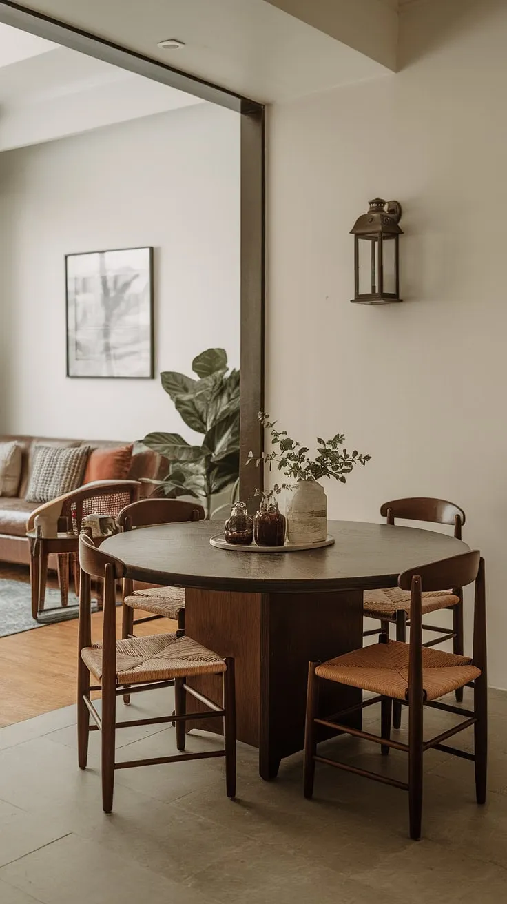 This small cute dining table, positioned perfectly in the middle of the living room, defines a split dining room and living room layout with effortless charm. The small living aesthetic is enhanced by the collected dining room feel, proving that even a small dining room can be a statement piece.