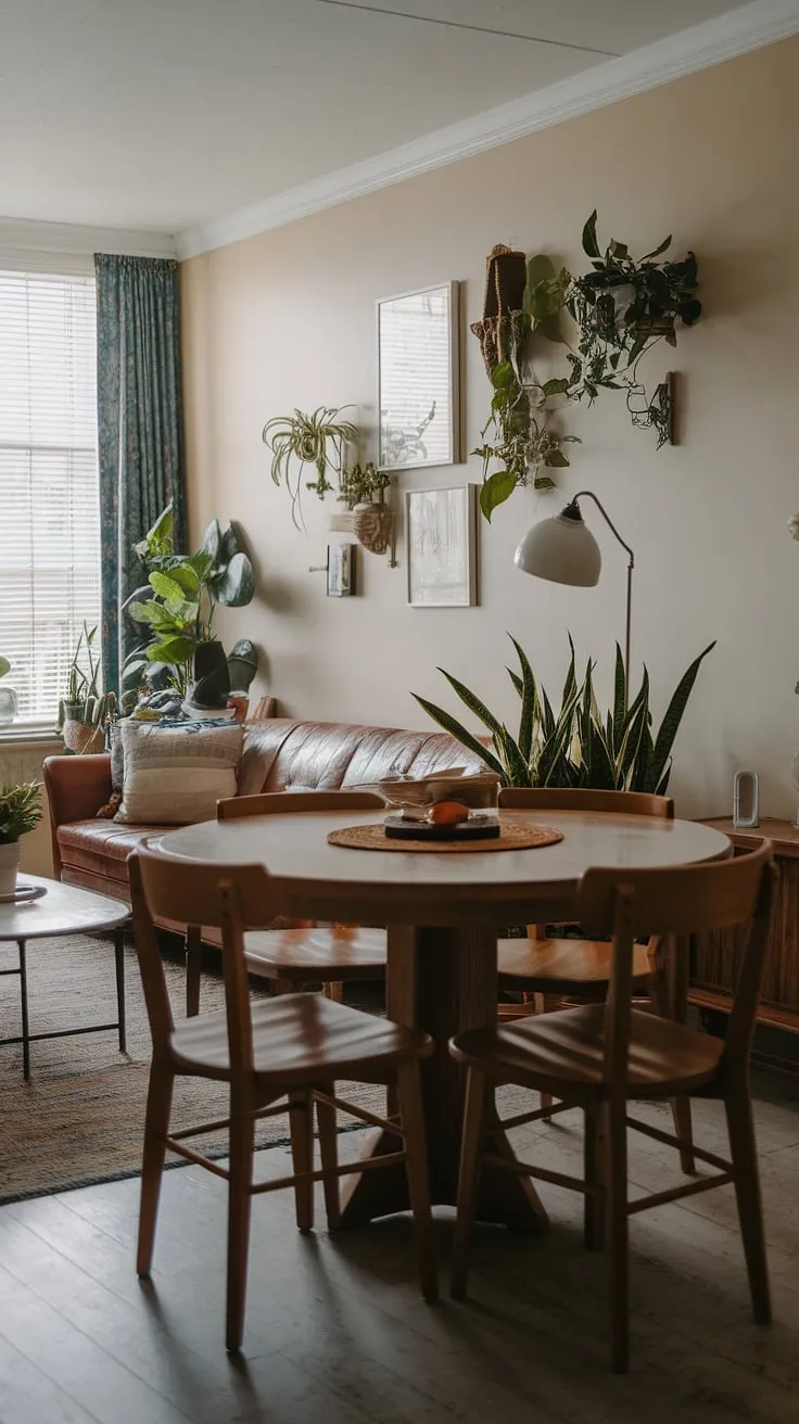 A small cute dining table in the middle of the living room? This split dining room and living room layout is the perfect small dining room hack, showcasing a round dining table small space solution. The collected dining room boasts a traditional and modern dining room aesthetic within a charming small living aesthetic.