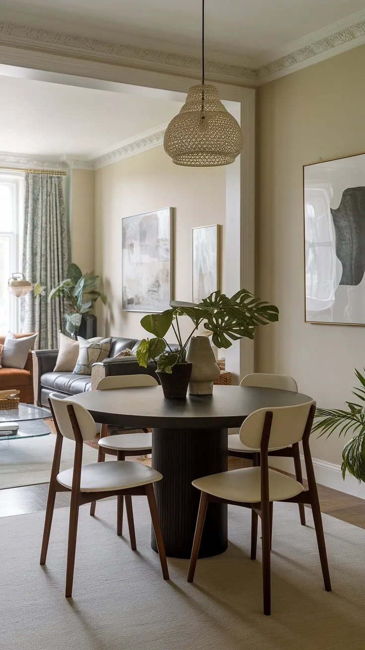 This small dining room, cleverly situated in the middle of the living room using a split dining room and living room layout, showcases how a small cute dining table can maximize space. The round dining table small space solution, combined with a few potted plants and a decorative lamp, creates a collected dining room with a traditional and modern dining room aesthetic. Small dining room hacks like this demonstrate how to achieve a stylish small living aesthetic.