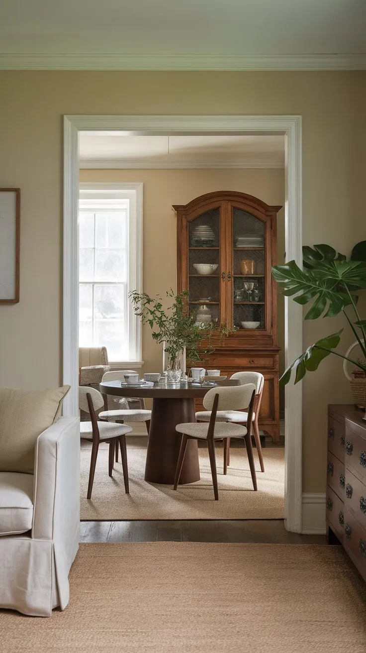 A small cute dining table in the middle of the living room? This small dining room proves it's the perfect solution for a split dining room and living room layout. Small dining room hacks at their finest, showcasing a collected dining room with a traditional and modern feel and a delightful small living aesthetic.