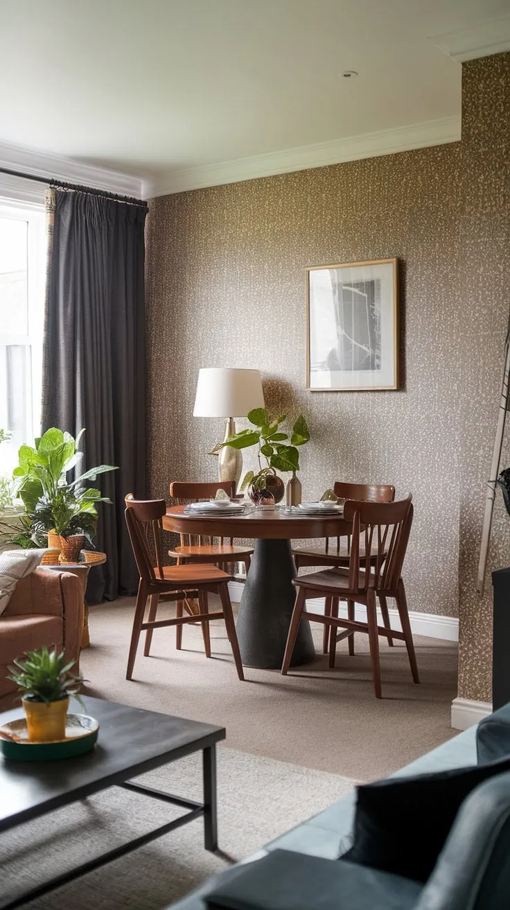 This traditional and modern dining room showcases a clever split dining room and living room layout. A small cute dining table, perfectly sized for four, sits as a round dining table small space solution in the middle of the living room, demonstrating a brilliant small dining room hack. The collected dining room's patterned wallpaper adds character, while the sofa and coffee table create a cozy small living aesthetic.