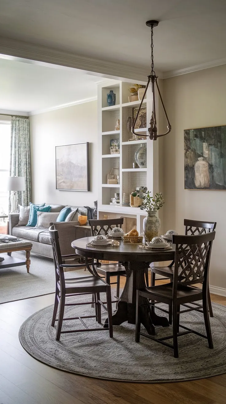 This small cute dining table is the heart of this small living aesthetic. The dining table in middle of living room creates a seamless flow, highlighting clever small dining room hacks in this split dining room and living room layout. A perfect example of a collected dining room with a traditional and modern twist.