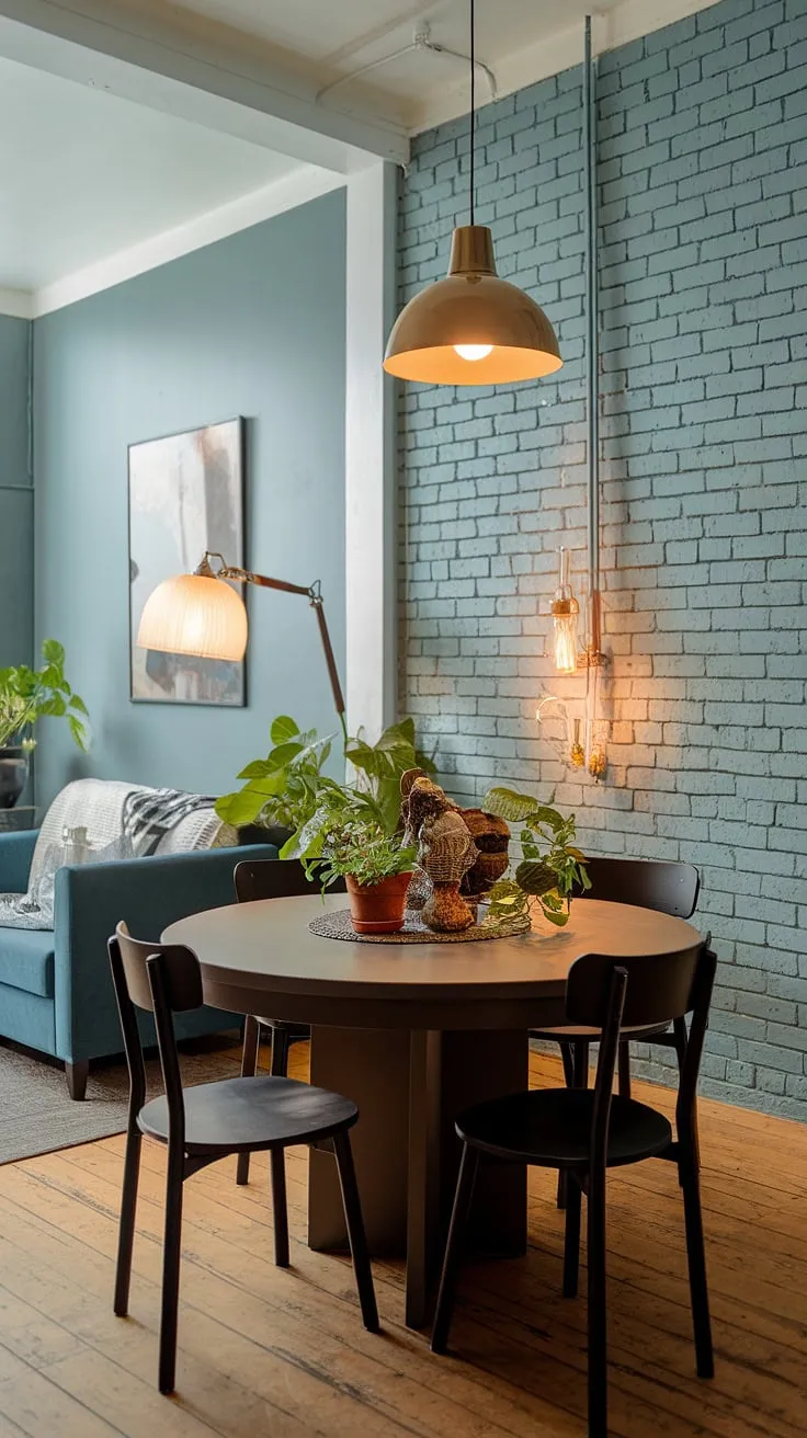 A round dining table small space anchors this small dining room, proving that even in a compact area, a stylish and functional space is achievable. This split dining room and living room layout utilizes small dining room hacks to seamlessly integrate dining and living areas. The traditional and modern dining room design, featuring a painted brick wall and a vintage lamp alongside a modern pendant light, creates a collected dining room atmosphere with a small living aesthetic. The dining table in middle of the living room is a clever solution for maximizing space.