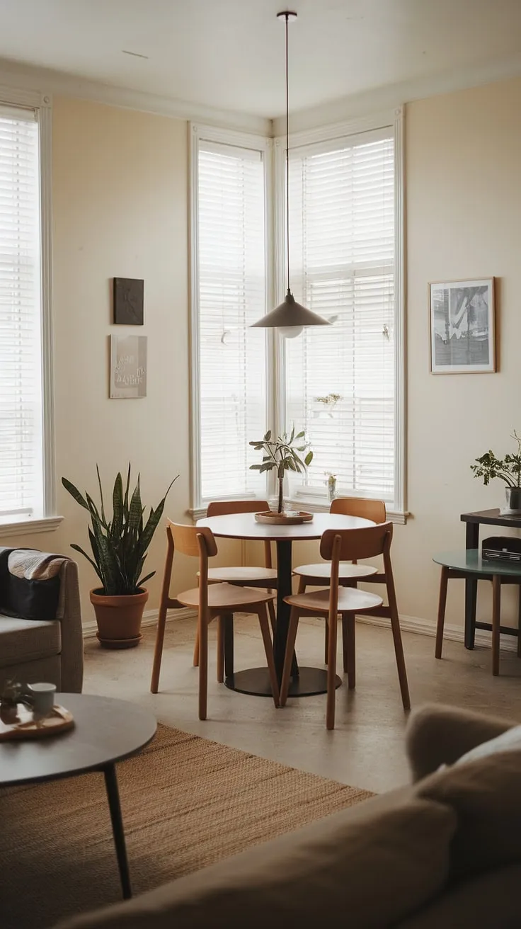 This small dining room, cleverly designed with a round dining table small space as its centerpiece, showcases the best of small dining room hacks. The dining table in middle of living room creates a split dining room and living room layout, maximizing space in this small living aesthetic. The collected dining room feel, blending traditional and modern elements, is perfectly complemented by the cute dining table and a touch of greenery.