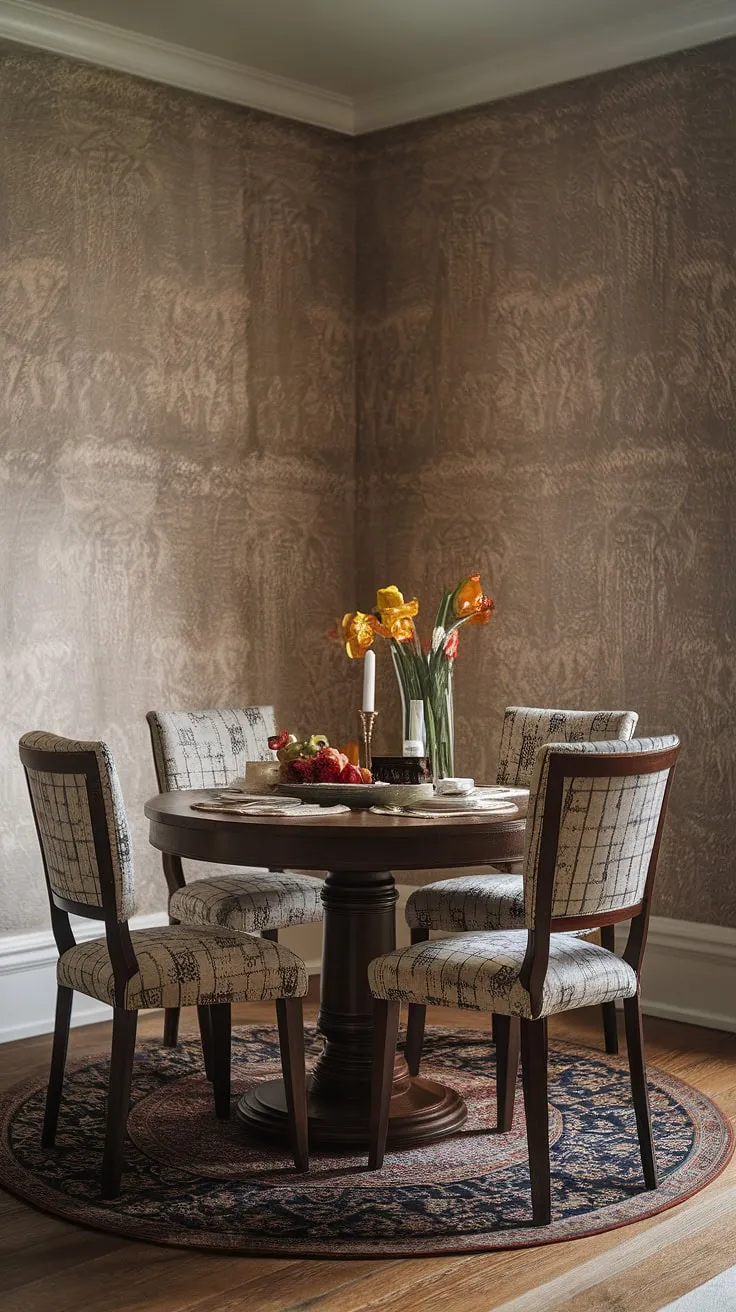 This charming small dining room, showcasing a small cute dining table, perfectly demonstrates how a round dining table small space can maximize functionality. The collected dining room aesthetic, achieved with patterned chairs and traditional wallpaper, blends seamlessly with a modern small living aesthetic. The dining table in middle of living room, a clever split dining room and living room layout, is further enhanced by the area rug, proving that small dining room hacks can create big impact.