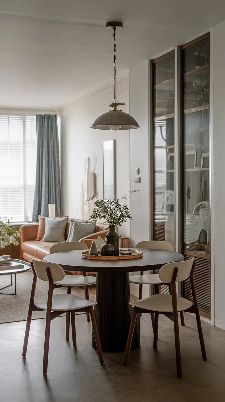 This small cute dining table is the heart of this collected dining room, proving that even a small dining room can be both stylish and functional. The split dining room and living room layout, featuring a round dining table small space design in the middle, is a perfect example of small dining room hacks, blending traditional and modern aesthetics within a small living aesthetic.