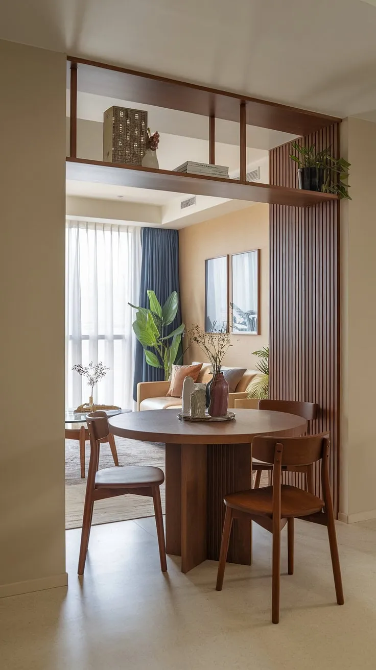 A round dining table small space solution anchors this charming, collected dining room. The dining table in the middle of the living room cleverly separates the traditional dining area from the modern living space, creating a unique split dining room and living room layout. A simple plant acts as a stylish room divider. The small dining room feels surprisingly spacious thanks to smart design choices, showcasing effective small dining room hacks. The overall aesthetic is a delightful mix of traditional and modern elements, perfectly suited to a small living aesthetic.