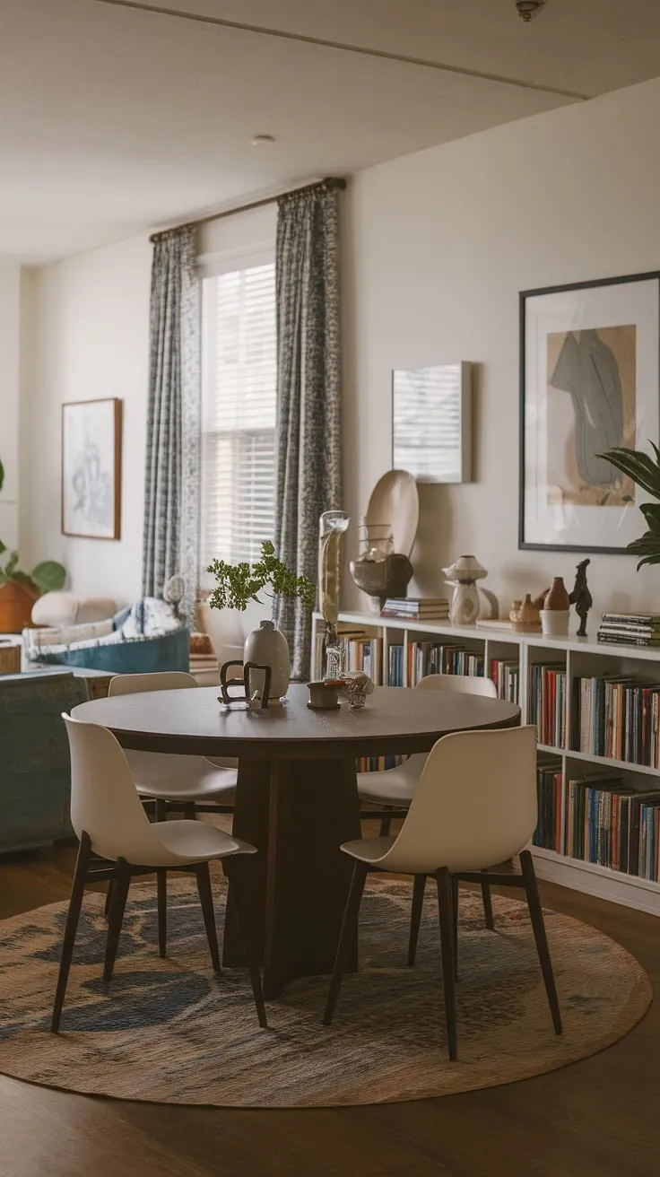 Maximize space and style with this round dining table small space solution! This small dining room, positioned centrally within the living room, demonstrates the effectiveness of a split dining room and living room layout. The collected dining room boasts a charming mix of traditional and modern furniture, proving that small dining room hacks can create a big impact. The small cute dining table and area rug complete the cozy, small living aesthetic.