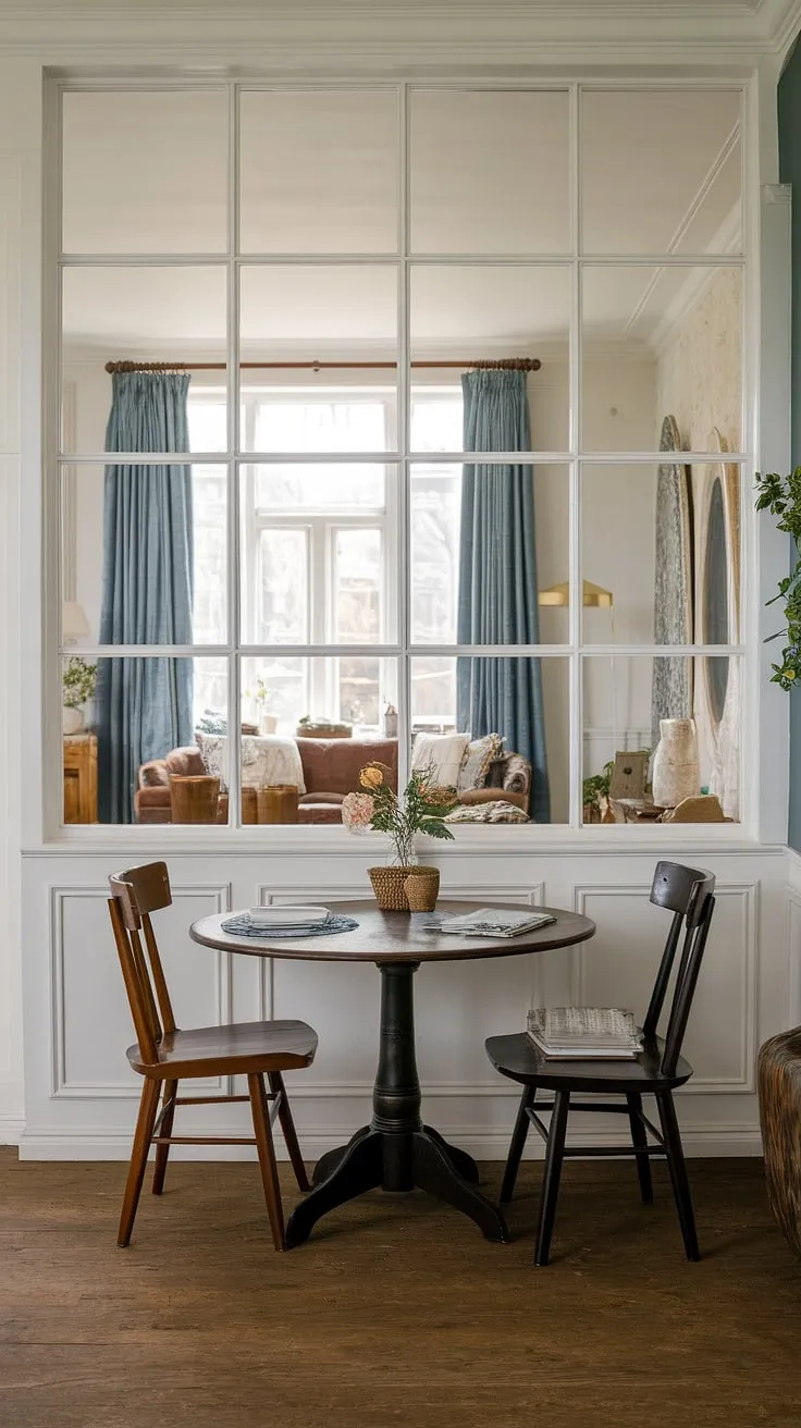 A round dining table small space sits proudly in the middle of the living room, a charming centerpiece in this small dining room. This split dining room and living room layout utilizes a large window to visually connect the spaces, while the small cute dining table offers a practical and stylish solution. The collected dining room showcases a successful marriage of traditional and modern elements, a testament to the power of small dining room hacks in achieving a sophisticated small living aesthetic.