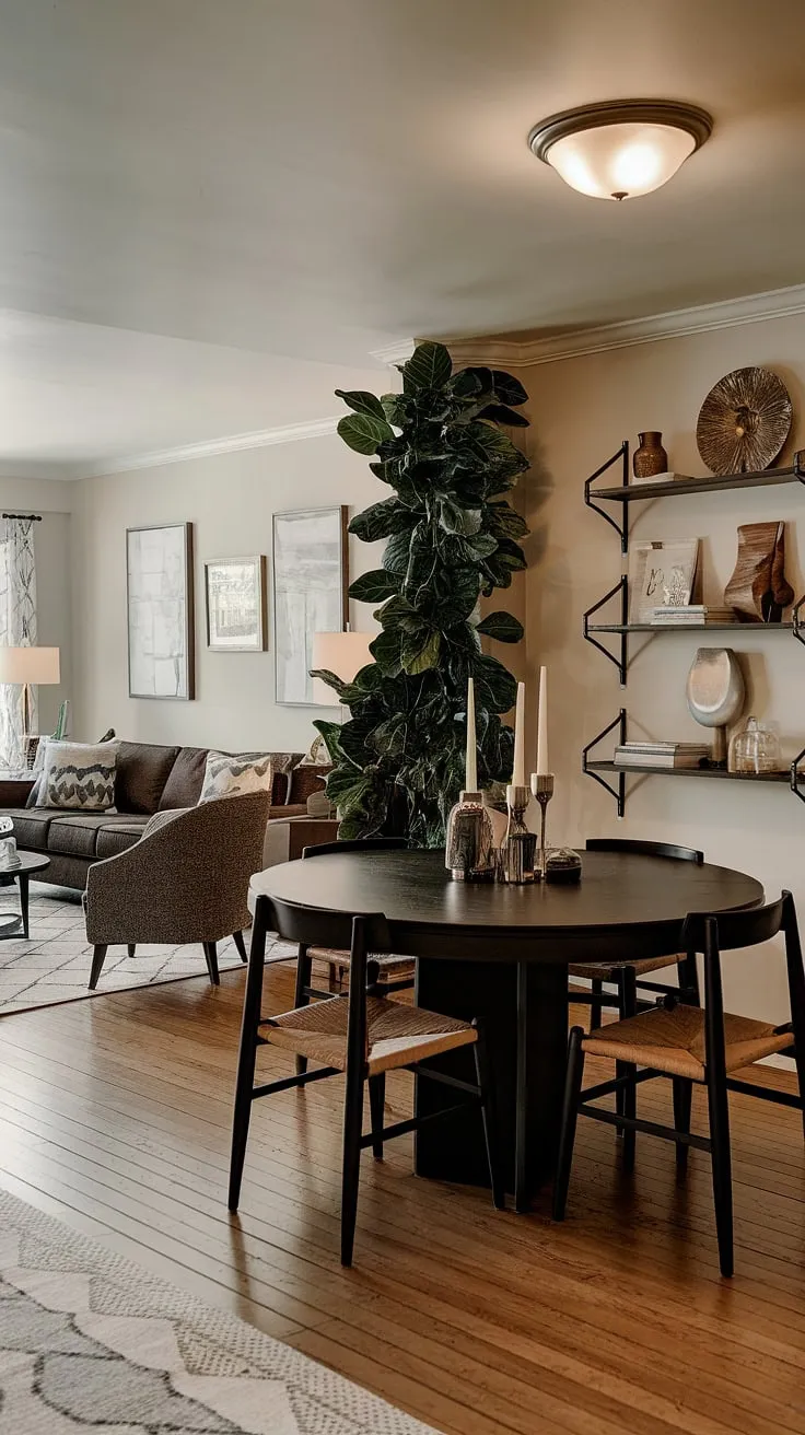 A small dining room, cleverly separated from the living area by a lush green plant, showcases a small cute dining table—a round dining table small space solution perfect for this split dining room and living room layout. The collected dining room decor on the wall shelf complements the traditional and modern dining room aesthetic, while a comfortable sofa and chair create a cozy small living aesthetic in the adjacent space. This is small dining room hacks at its finest, proving that a dining table in the middle of a living room can be both stylish and functional.