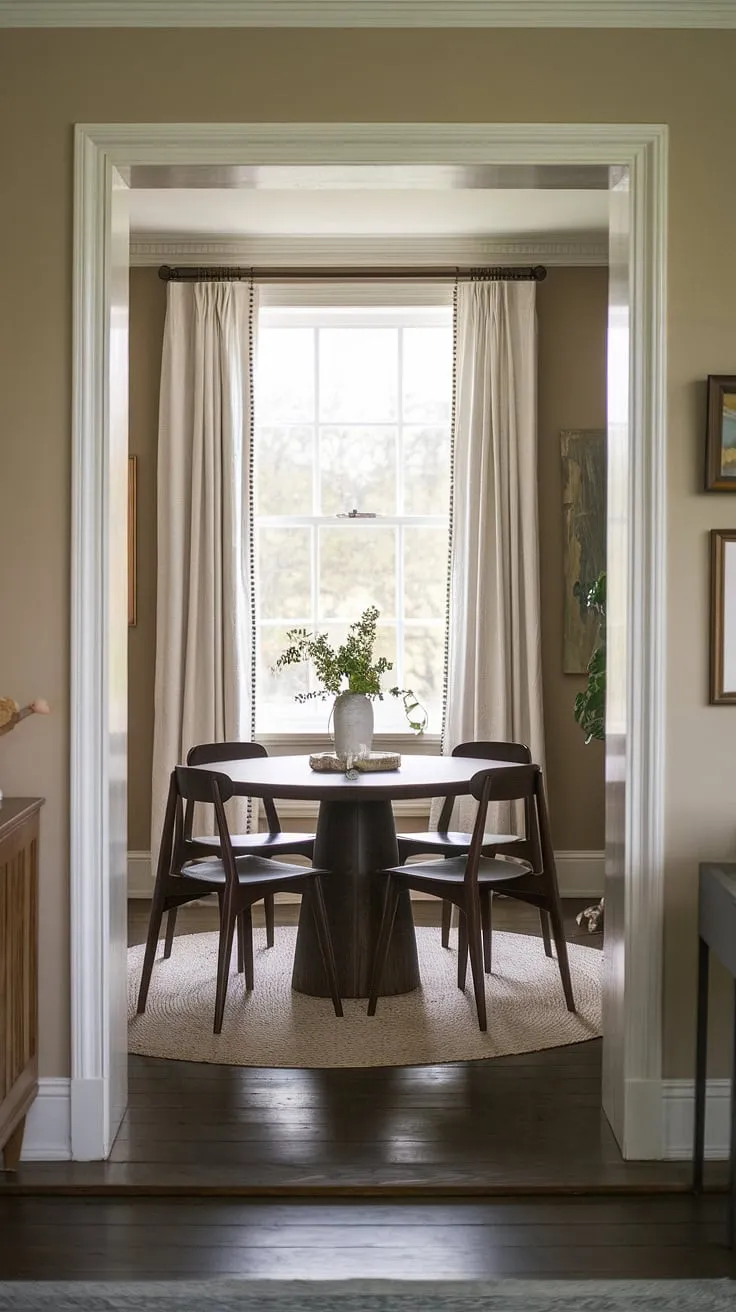 A round dining table small space solution defines this charming, collected dining room. The dining table in the middle of the living room creates a seamless split dining room and living room layout, maximizing space in this small dining room. Traditional and modern elements blend effortlessly, enhanced by the soft beige walls and natural light. Dark wood chairs and a strategically placed rug complete the small living aesthetic, proving that even small dining room hacks can yield big style.