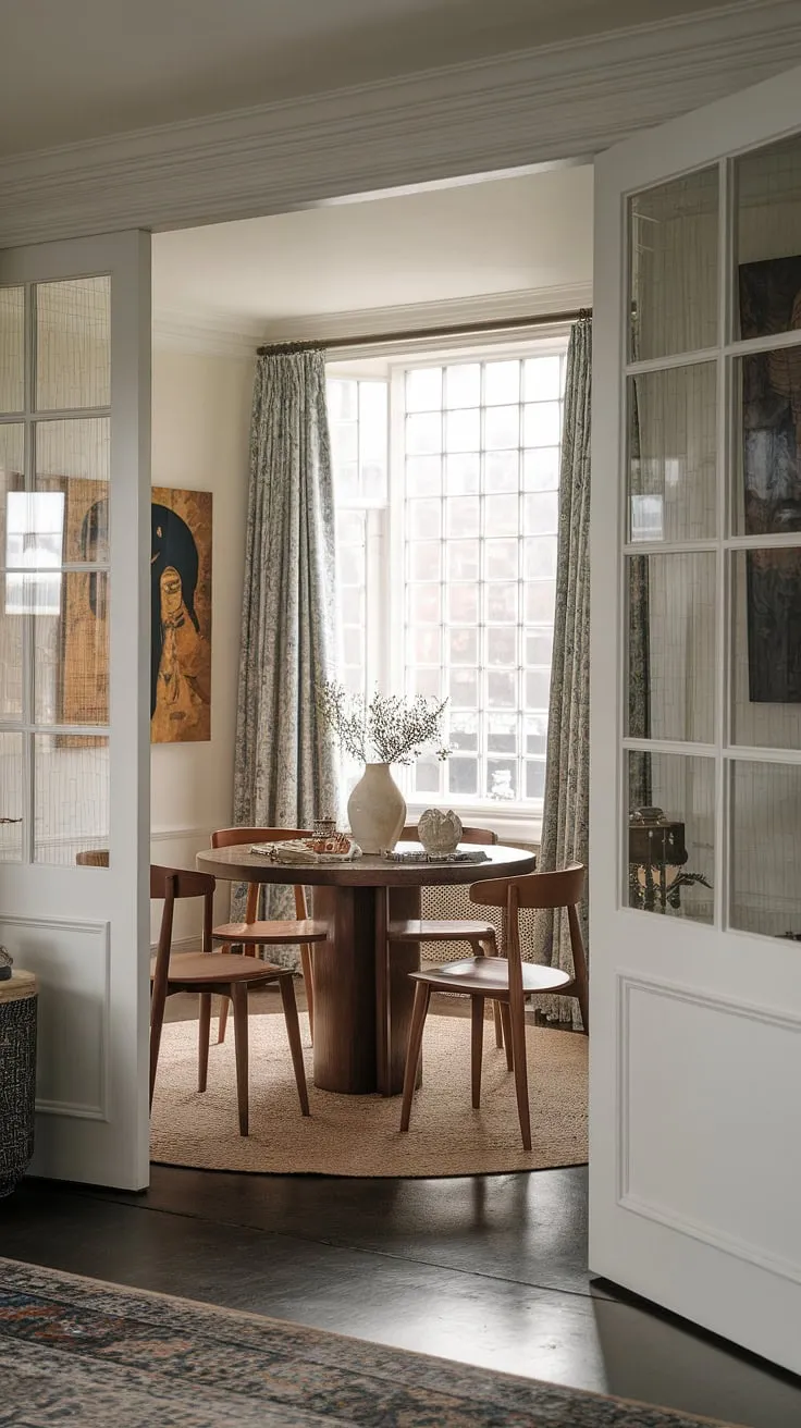 Cozy and collected, this small dining room proves that big style comes in small packages. A round dining table small space solution, perfectly placed in the middle of the living room, showcases clever small dining room hacks in this split dining room and living room layout. The traditional and modern dining room aesthetic is effortlessly chic.