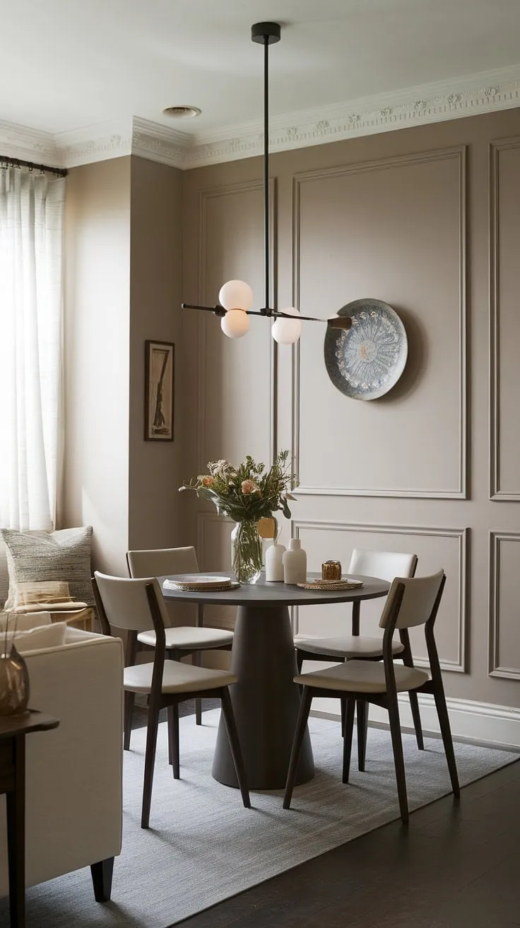 A charming example of a split dining room and living room layout, this space demonstrates how to create a cozy and functional small dining room. The round dining table small space is a perfect choice, easily accommodating four chairs while leaving ample room to move. Positioned in the middle of the living room, it cleverly defines the dining area without feeling cramped. The traditional wainscoting and modern light fixture blend seamlessly, creating a collected dining room with a unique traditional and modern dining room feel. This small living aesthetic proves that less can truly be more.