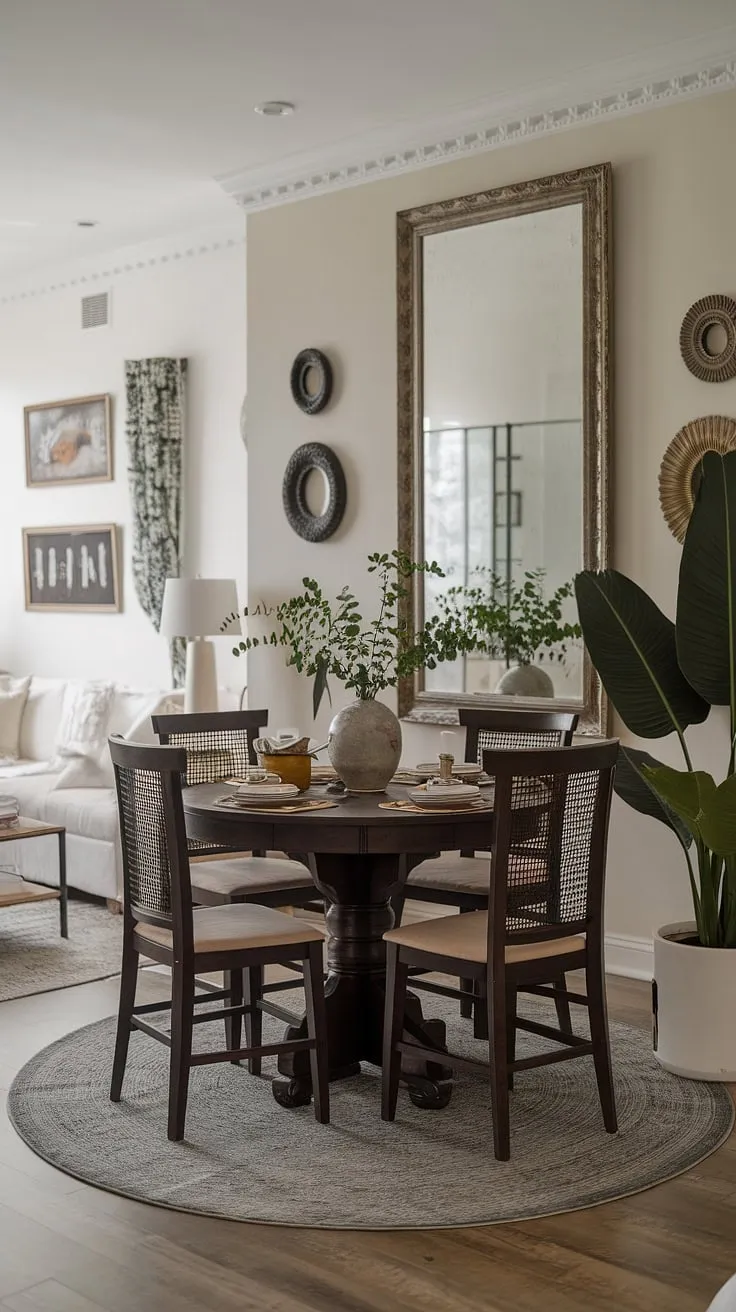 A round dining table small space solution? This small dining room proves it! Positioned in the heart of the living room, this small cute dining table creates a charming split dining room and living room layout. Dark wood and traditional details meet a modern white couch and lush greenery, showcasing clever small dining room hacks in a collected dining room. The result? A surprisingly spacious and stylish traditional and modern dining room with a small living aesthetic that's both inviting and functional.