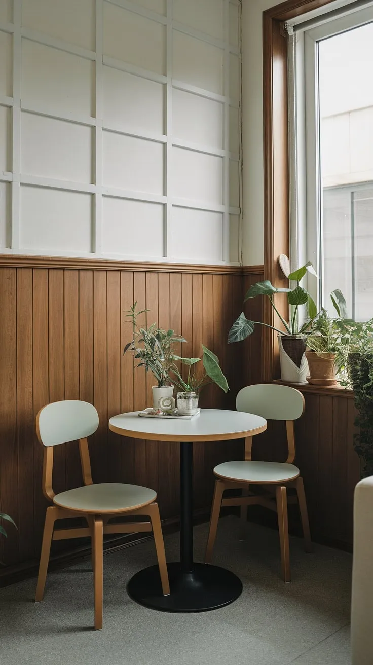 Cozy and collected, this small dining room proves that a round dining table small space can be both stylish and functional. The split dining room and living room layout maximizes space, showcasing small dining room hacks in a traditional and modern dining room setting.