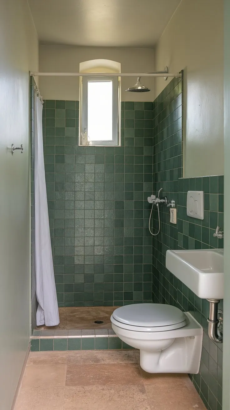 This small ensuite bathroom boasts a fresh, modern look thanks to some clever bathroom renos. The vibrant green tile adds a pop of color against the white walls, creating a surprisingly spacious feel in this home bathroom. Bathroom inspo at its finest!