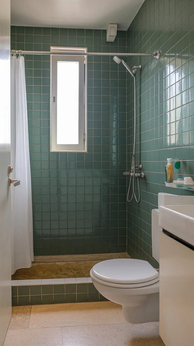 Bathroom renos complete! This small ensuite is now a haven of calm. The vibrant green tile walls are the star of the show, complemented by the simple beige floor and white fixtures. A great example of maximizing space and style in a home bathroom. Plenty of bathroom inspo here.