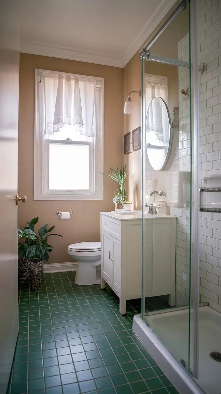 Green tile flooring and a simple white palette make this small ensuite feel surprisingly spacious. These bathroom renos transformed this home bathroom into a tranquil oasis. A great example of how even small spaces can be stylish and functional.