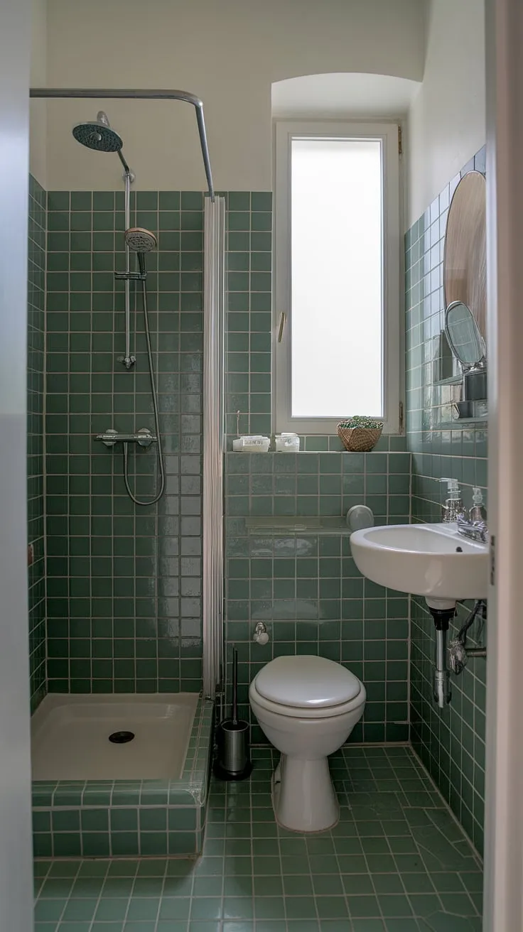 Small ensuite, big style. This bathroom renos project proves that even the smallest home bathroom can be a luxurious retreat with the right green tile choices. Bathroom inspo for compact spaces.