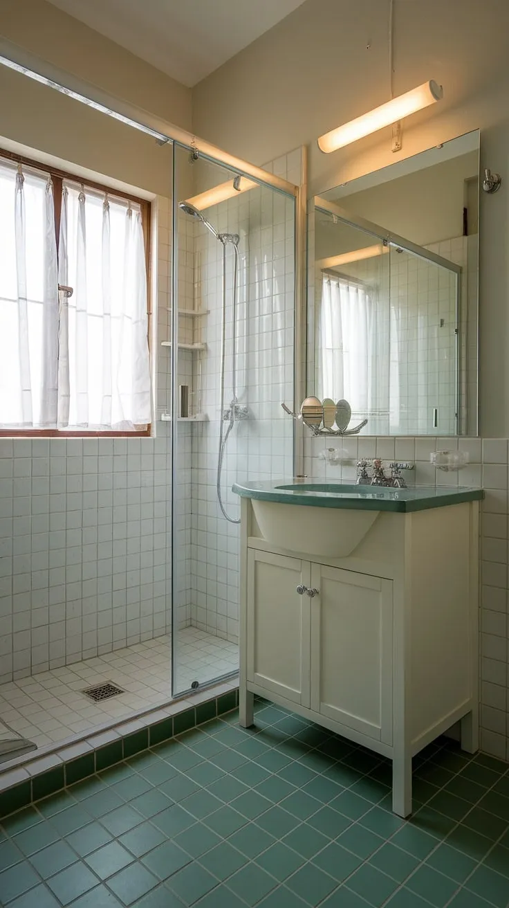 Small ensuite perfection achieved with this bathroom renos project. Green tile flooring adds a touch of unexpected charm to this home bathroom, proving that big style comes in small packages.