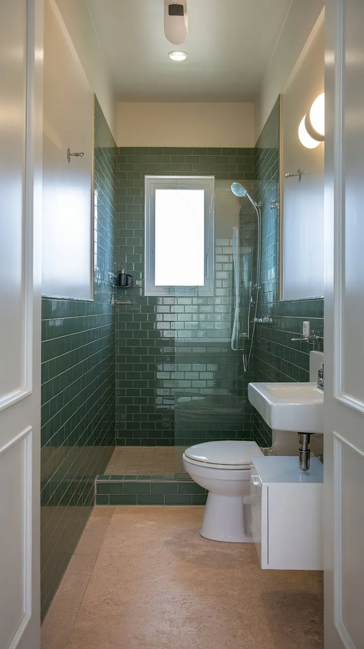 This small ensuite bathroom boasts a stunning transformation thanks to some clever bathroom renos. The vibrant green tile adds a pop of color, while the white walls and beige floor keep the space feeling bright and airy. Perfect bathroom inspo for maximizing a compact home bathroom.