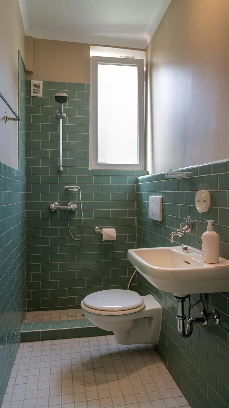 This small ensuite bathroom boasts a fresh, modern look thanks to some clever bathroom renos. The green tile adds a pop of color, while the white floor tiles keep the space feeling bright and airy. Perfect bathroom inspo for a home bathroom upgrade!