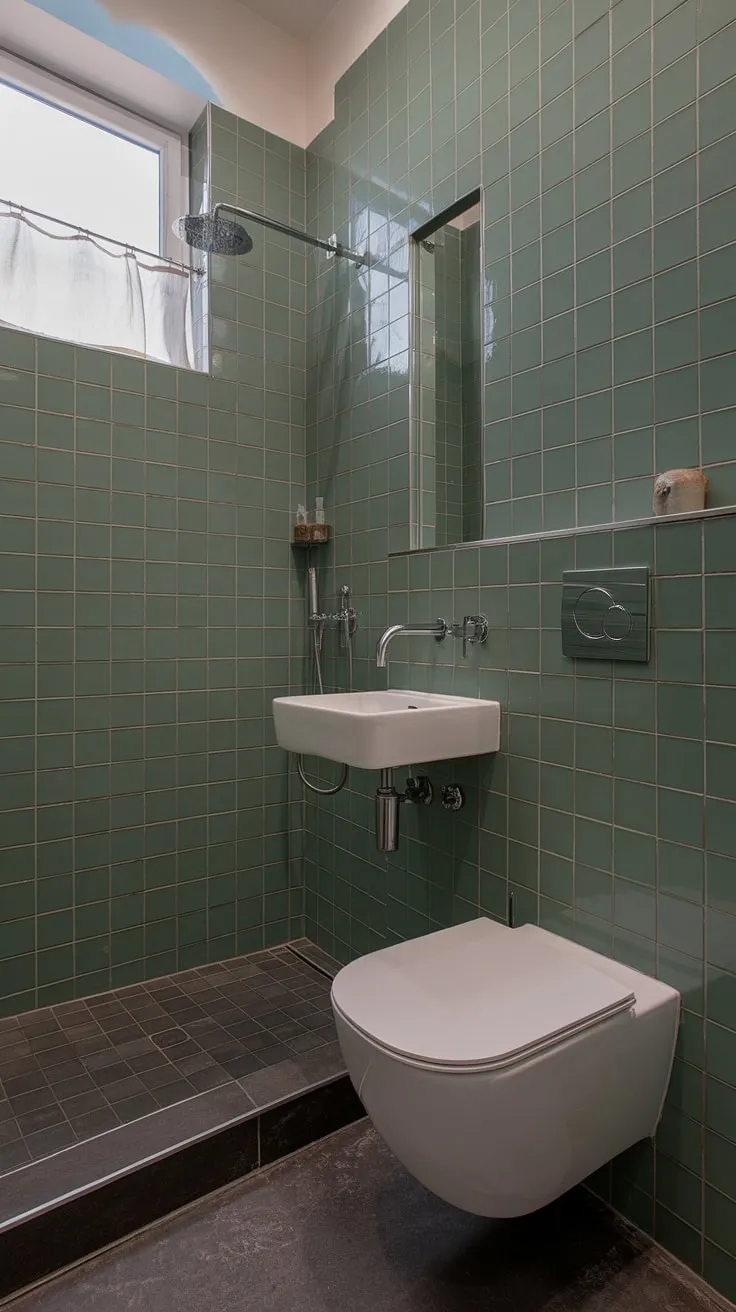 Bathroom renos complete! This small ensuite is now a haven of calm. The green tile creates a serene atmosphere, complemented by the sleek design of the wall-mounted sink and floating toilet. A great example of maximizing space in a small home bathroom, offering plenty of bathroom inspo.
