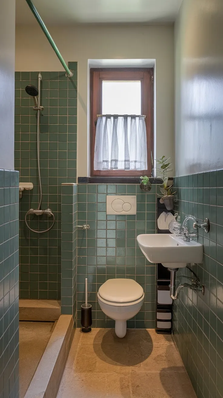 This small ensuite bathroom boasts a refreshing update with its vibrant green tile shower surround. The bathroom renos created a spa-like atmosphere, perfect for a relaxing morning routine. The beige floor tiles and white cabinetry offer a clean contrast, making this home bathroom a true source of bathroom inspo.