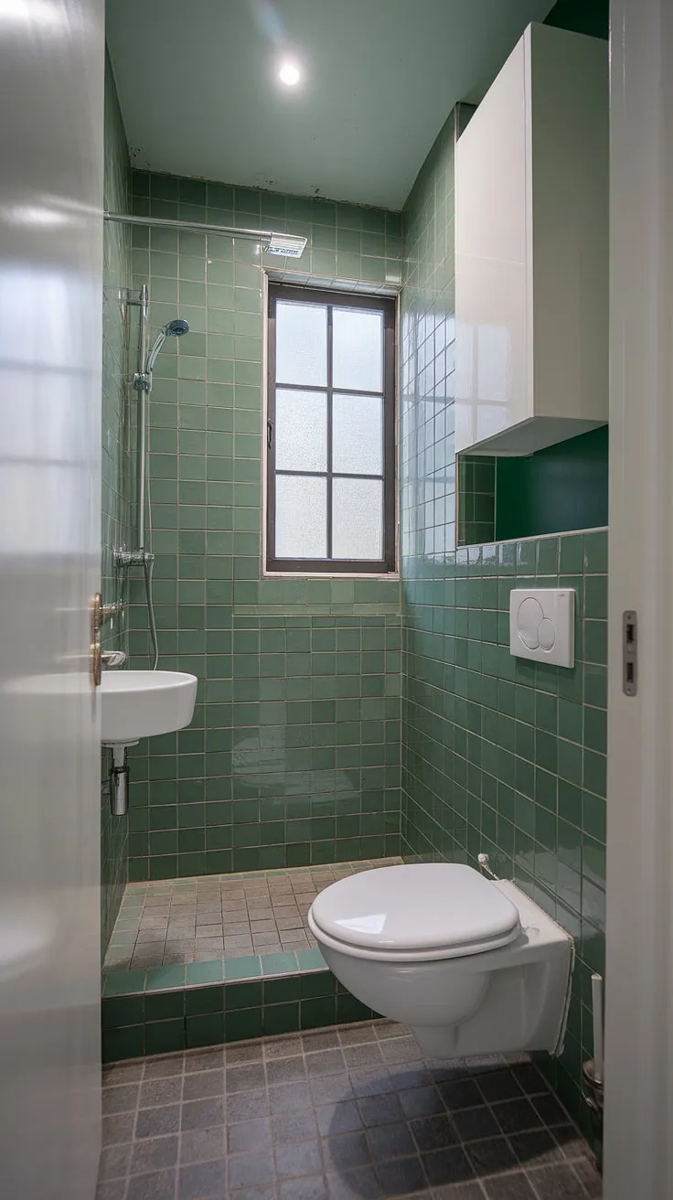 Small ensuite goals achieved! This green tile bathroom reno is bursting with bathroom inspo, proving that even a small home bathroom can be a luxurious retreat.