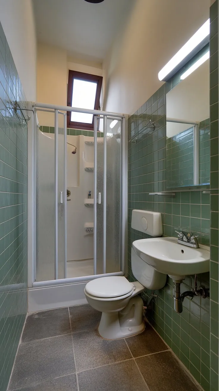 Maximize space and style with this small ensuite. Green tile adds a pop of color to this inspiring home bathroom, showcasing the best in bathroom renos.
