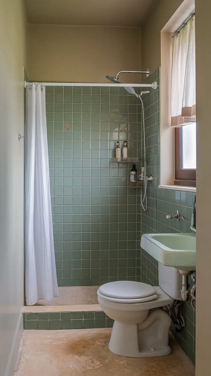 A peek inside this charming small ensuite, showcasing the beautiful green tile work. These bathroom renos have created a stylish and functional home bathroom, proving that even small spaces can be packed with personality. Great bathroom inspo for your next project.