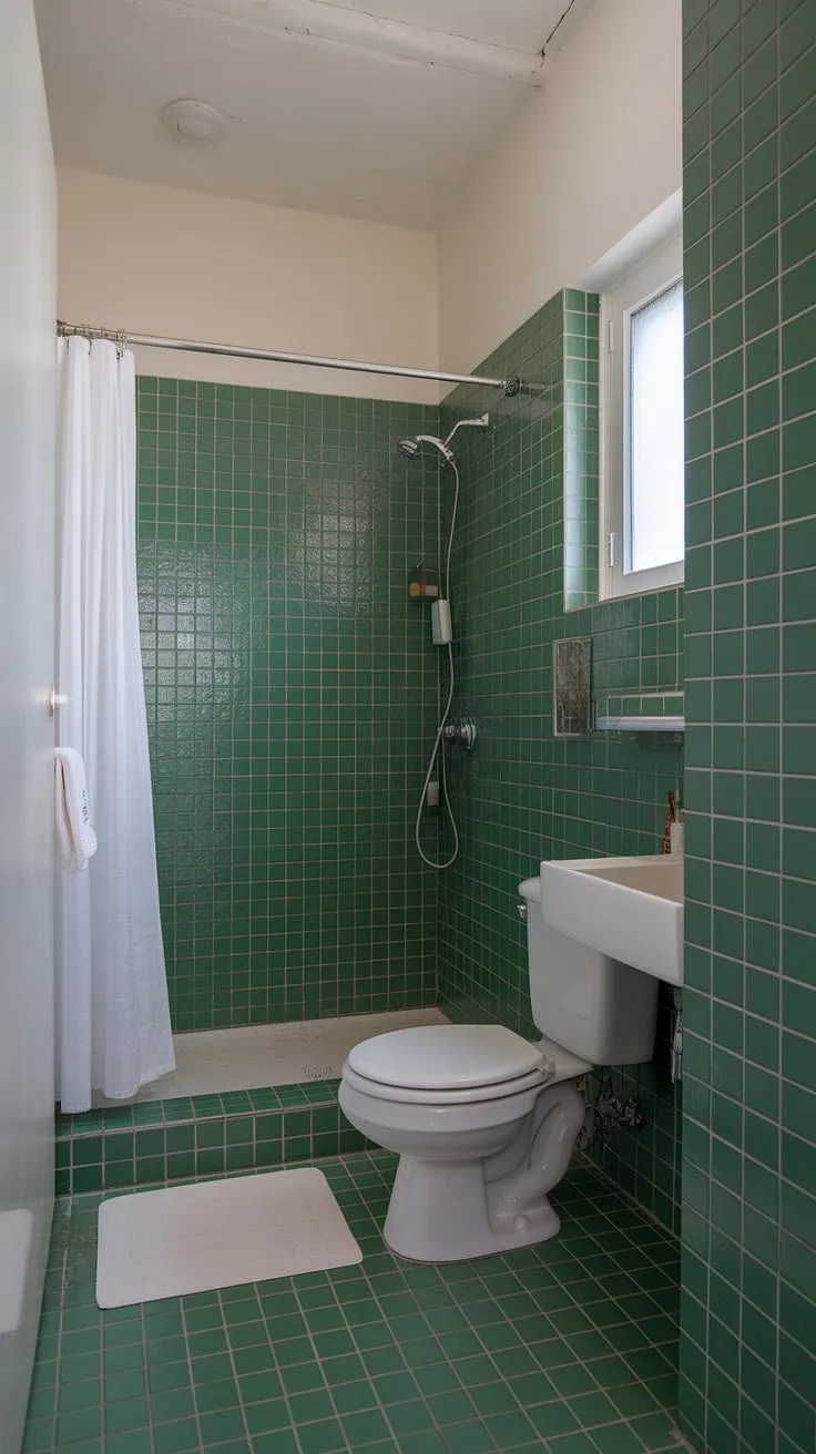 Green tile dreams in this small ensuite. Bathroom renos don't get much more stylish than this compact home bathroom.