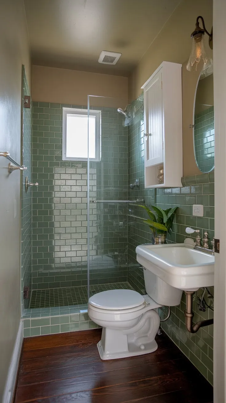 Small ensuite perfection achieved with these bathroom renos. Green tile and vintage touches make this home bathroom feel surprisingly spacious.