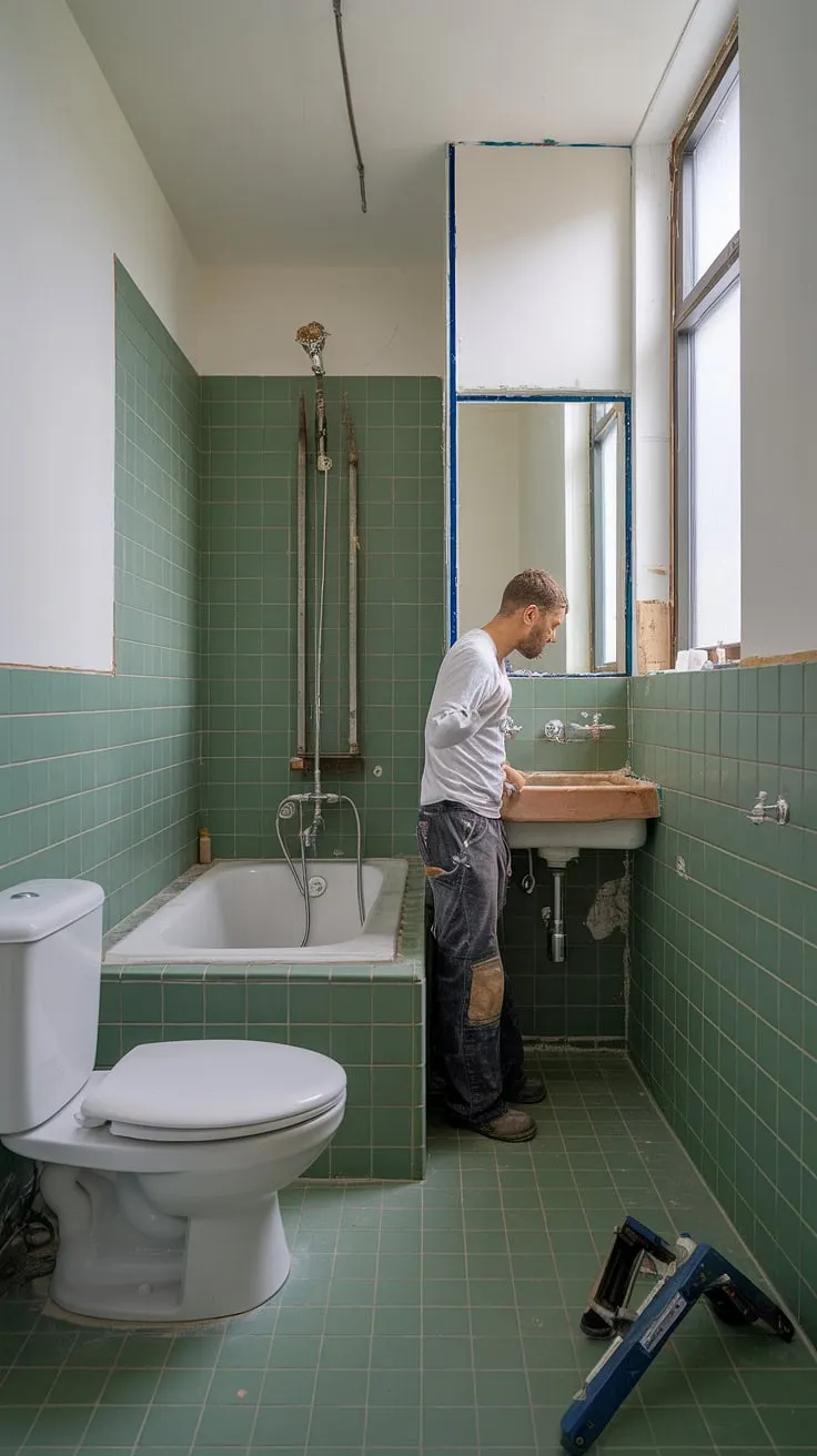 A peek inside this small ensuite during bathroom renos. The green tile is stunning, and the contractor is hard at work installing the sink. This home bathroom is transforming into a stylish and functional space. Plenty of bathroom inspo to be found here!