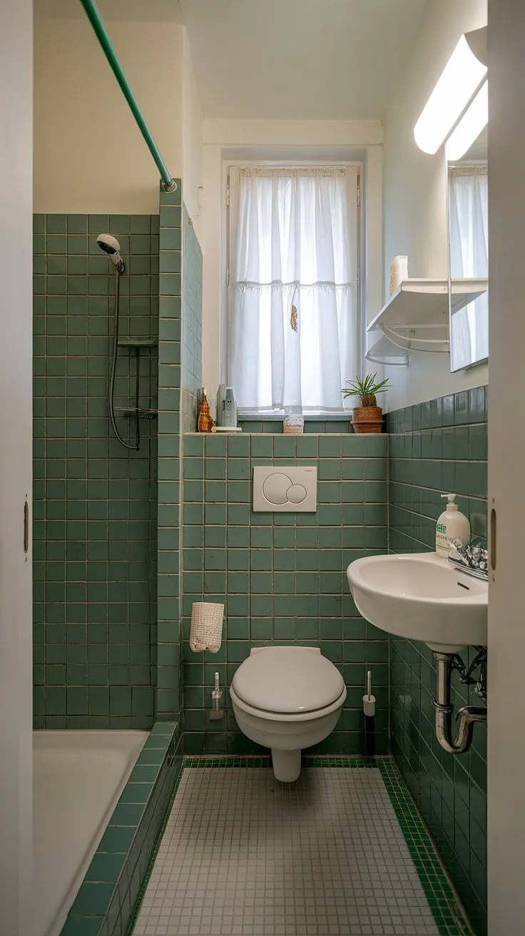 Small ensuite perfection achieved with these stunning green tile bathroom renos. Bathroom inspo at its finest in this home bathroom.