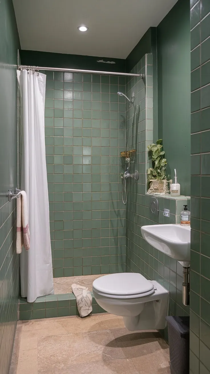 Bathroom renos complete! This small ensuite is now a haven of tranquility. The green tile adds a unique touch, making it the perfect bathroom inspo for anyone looking to maximize space and style in their home bathroom. Simple yet effective, this design proves that less can be more.