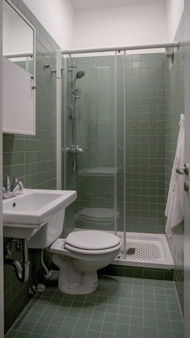 Small ensuite perfection achieved with this stunning green tile design. Bathroom renos don't get much better than this bathroom inspo. A home bathroom oasis.