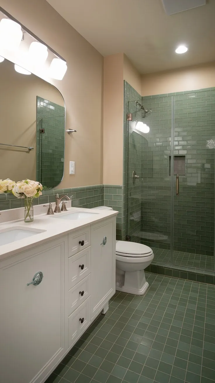 Bright and airy, this small ensuite is a testament to the power of bathroom renos. The green tile, both on the walls and the checkered floor, creates a cheerful and unique atmosphere. The simple white vanity and glass shower door maximize space, offering plenty of bathroom inspo for anyone looking to update their home bathroom.
