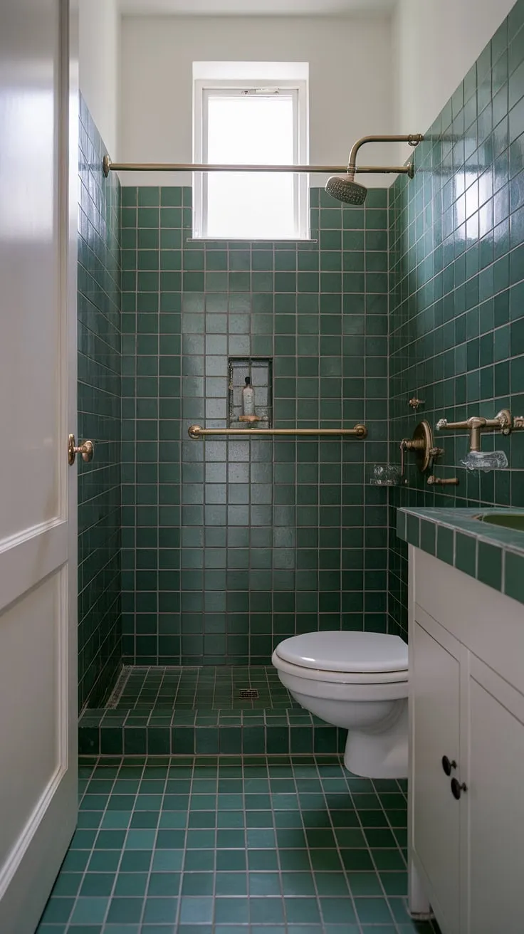 This small ensuite proves that big style comes in small packages. Green tile, brass accents, and clever design make this bathroom renos dream a reality. Serious home bathroom inspo.