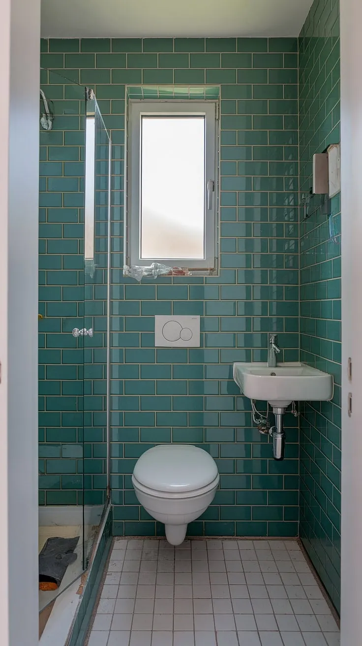 Small ensuite bathroom renos underway! The green tile is a stunning feature wall, adding a touch of nature to this home bathroom. A peek at the progress shows a clean white floor and a bright, functional space taking shape. Plenty of bathroom inspo here!