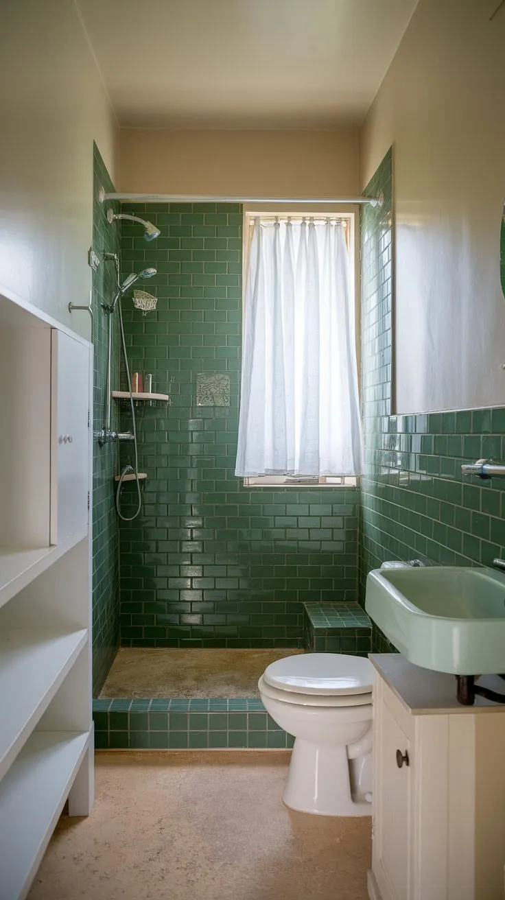Bathroom renos complete! This small ensuite is now a haven of calm. The green tile shower is the star of the show, complemented by the simple white cabinetry and beige tile floor. Plenty of bathroom inspo here for your own home bathroom update.
