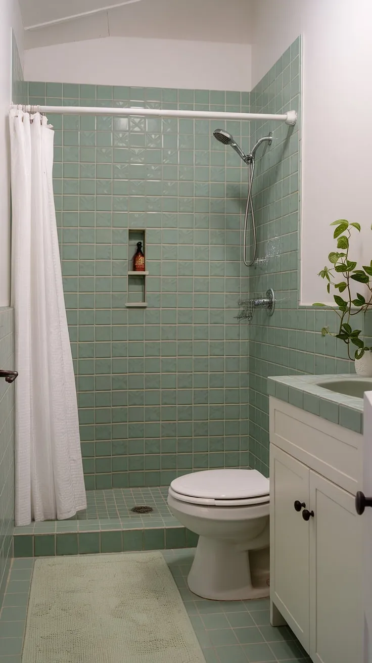 This small ensuite bathroom boasts a fresh and calming atmosphere thanks to the gorgeous green tile. The bathroom renos have transformed this space into a tranquil home bathroom, perfect for a relaxing start or end to the day. Bathroom inspo at its finest!