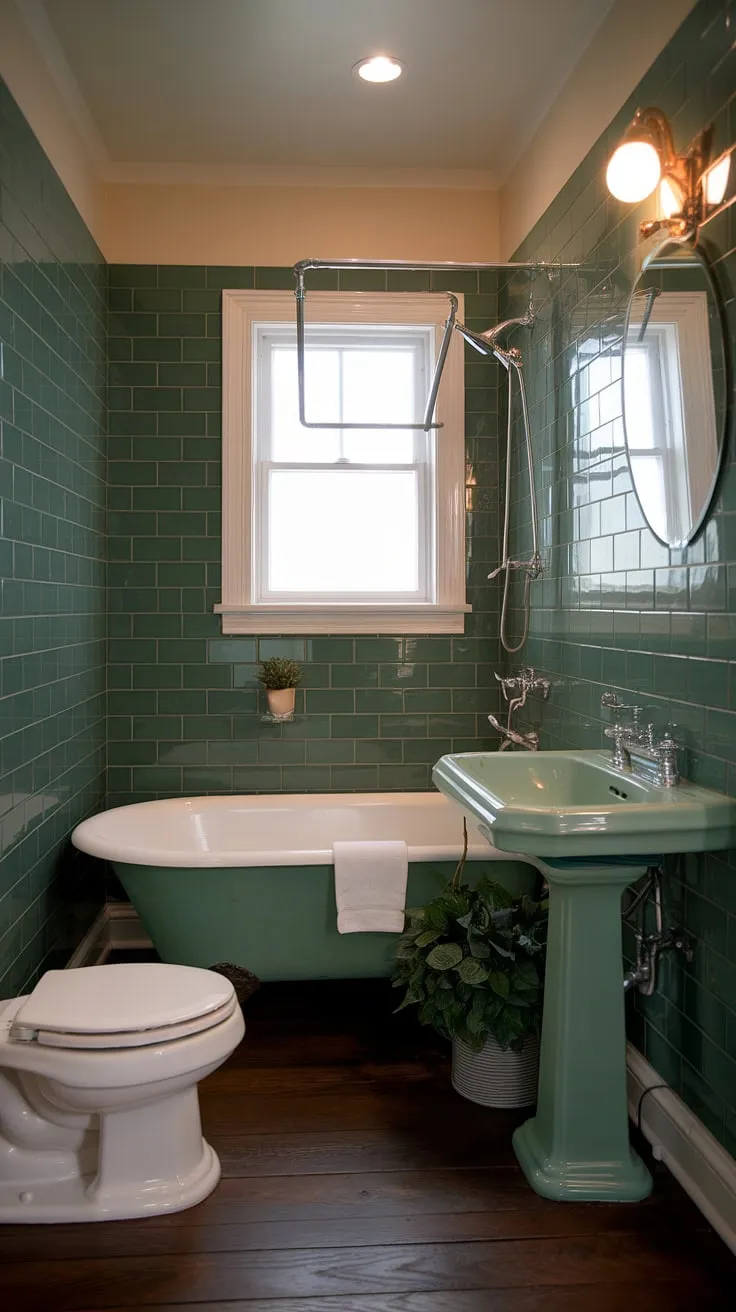 This small ensuite bathroom proves that big style comes in small packages. Bathroom renos don't need to be overwhelming; this space, with its green tile, clawfoot tub, and charming details, is the perfect example of bathroom inspo for a cozy and elegant home bathroom.