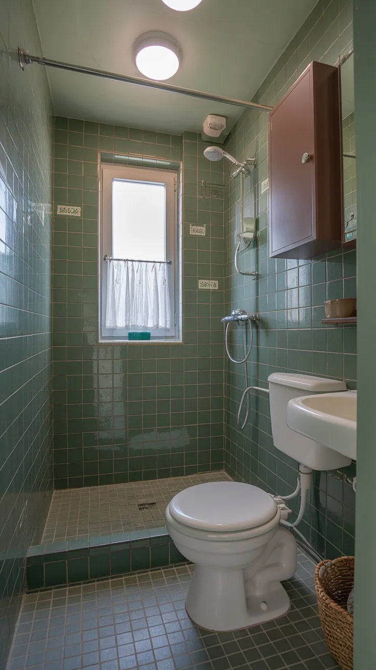 Small ensuite perfection achieved with this stunning green tile design. Bathroom renos don't get much better than this home bathroom inspiration.