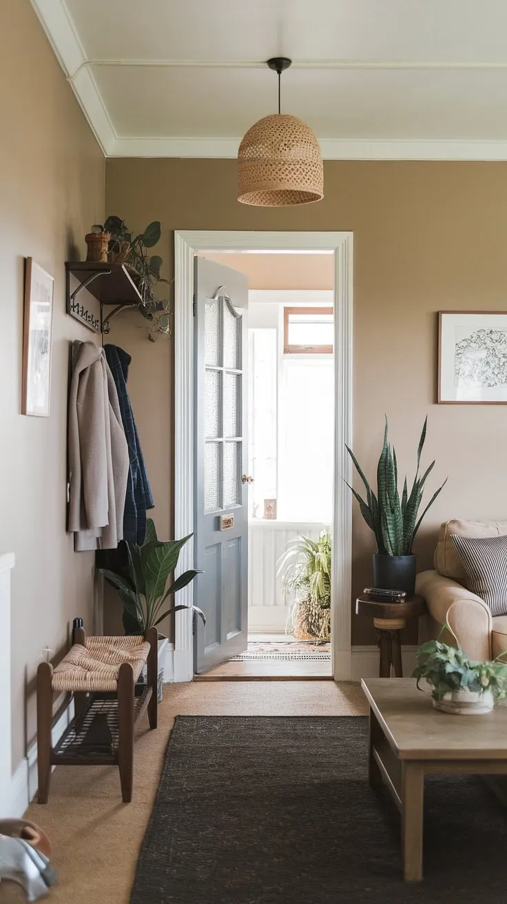 A charming small entryway sets the tone for this home. Clever entryway ideas maximize space with a coat rack, potted plant, and stylish lamp, creating a welcoming home entrance decor. The view through to the hall and living room reveals a cohesive beige and wood color scheme, showcasing a comfortable and inviting living space.