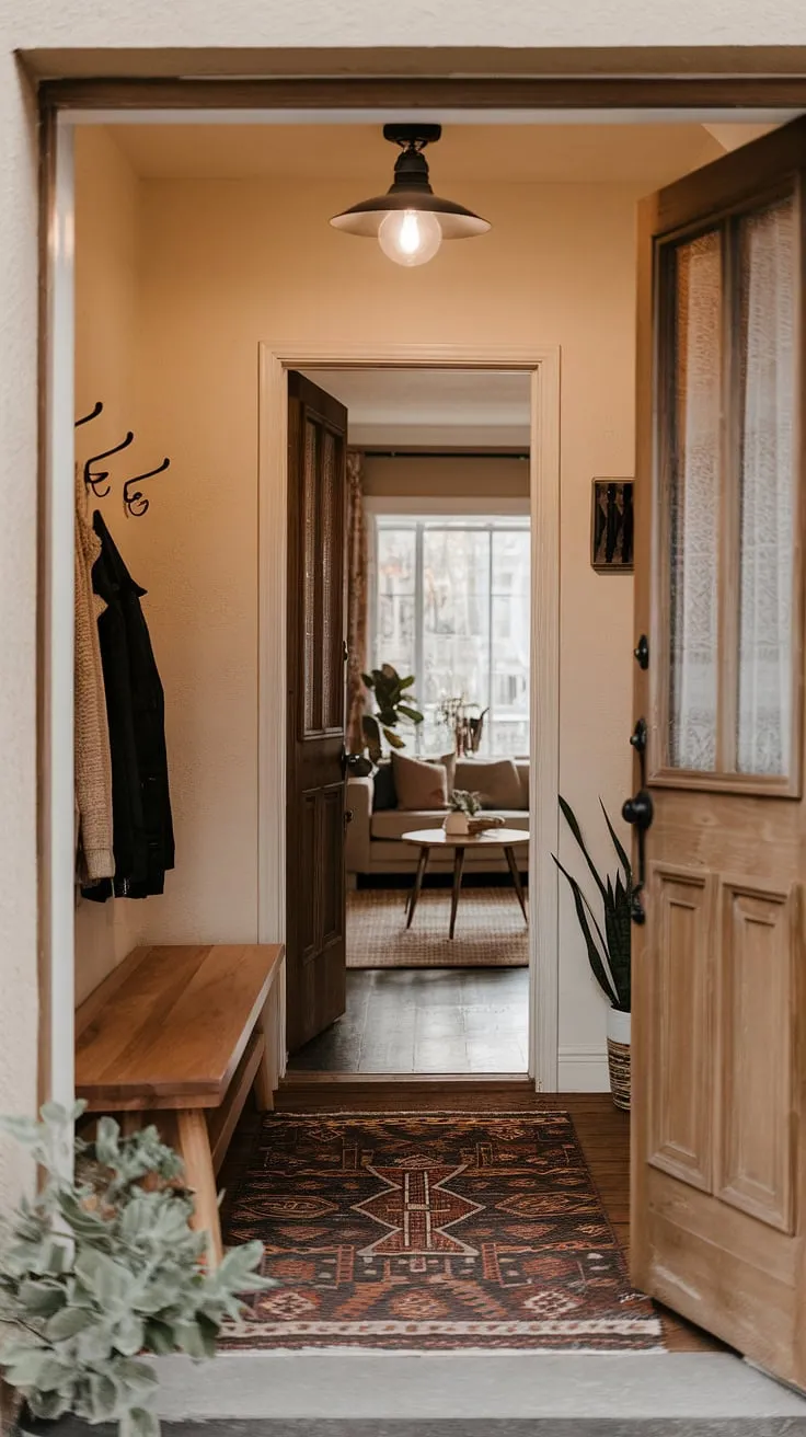 Warmth welcomes you in this small entryway. Clever entryway ideas maximize space, seamlessly connecting the hall and living room with charming home entrance decor.