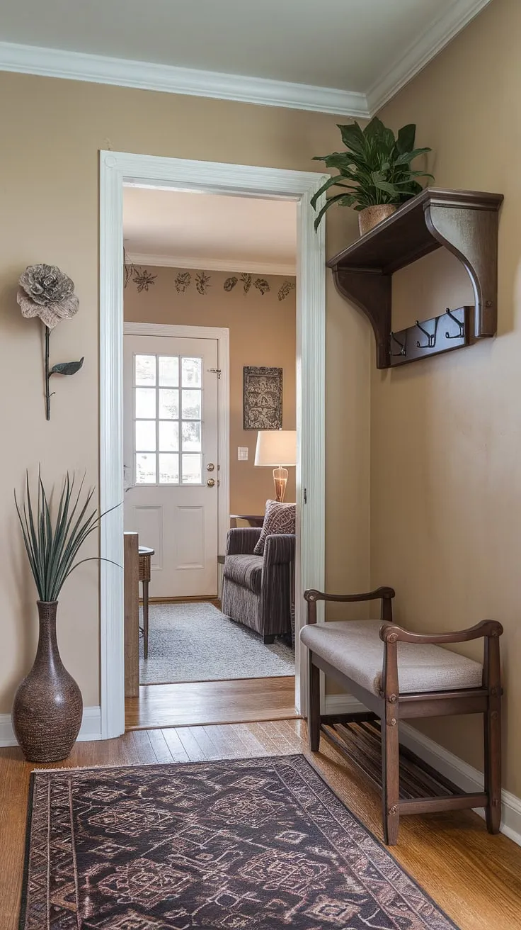 Step into this inviting front entrance, where a small entryway seamlessly connects to the hall and living room. The warm beige walls and hardwood floors create a welcoming atmosphere, enhanced by the carefully chosen home entrance decor. Practical elements like the bench and coat rack blend perfectly with the decorative vase and potted plant, offering both functionality and style. These entryway ideas prove that even a small space can make a big impact.