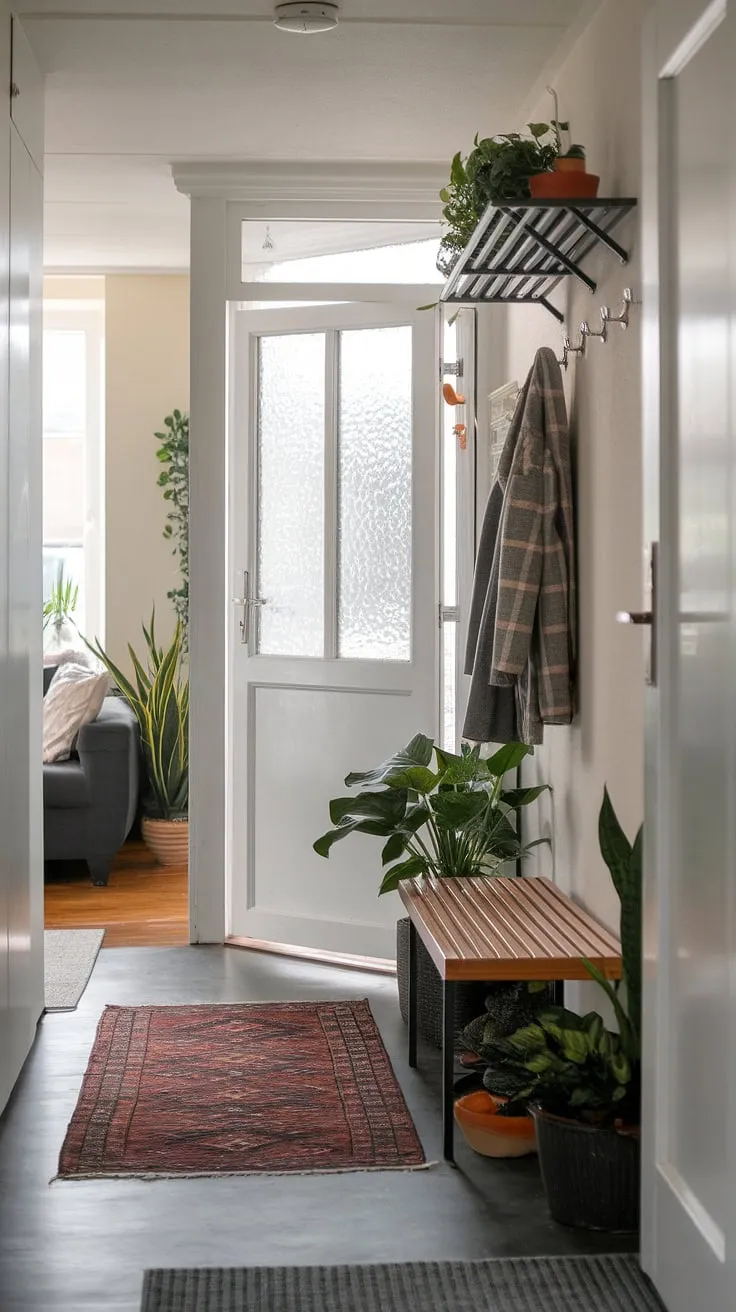This small entryway maximizes space with clever storage solutions, showcasing stylish entryway ideas. A coat rack, bench, and potted plants create a welcoming home entrance decor, while the view through the door hints at the hall and living room beyond, complete with a comfortable sofa and more greenery.