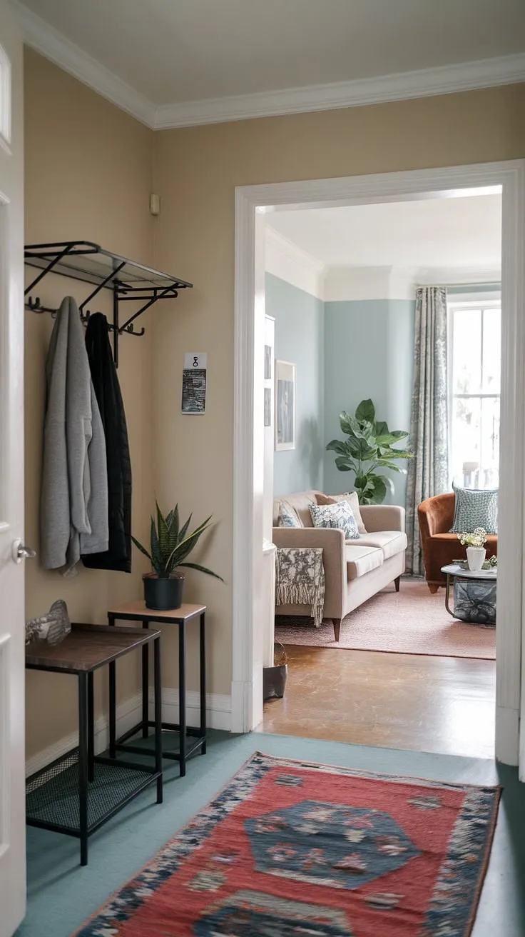 This small entryway's design proves that even a compact front entrance can be both functional and beautiful, seamlessly connecting the hall and living room. Explore these entryway ideas for your own home.