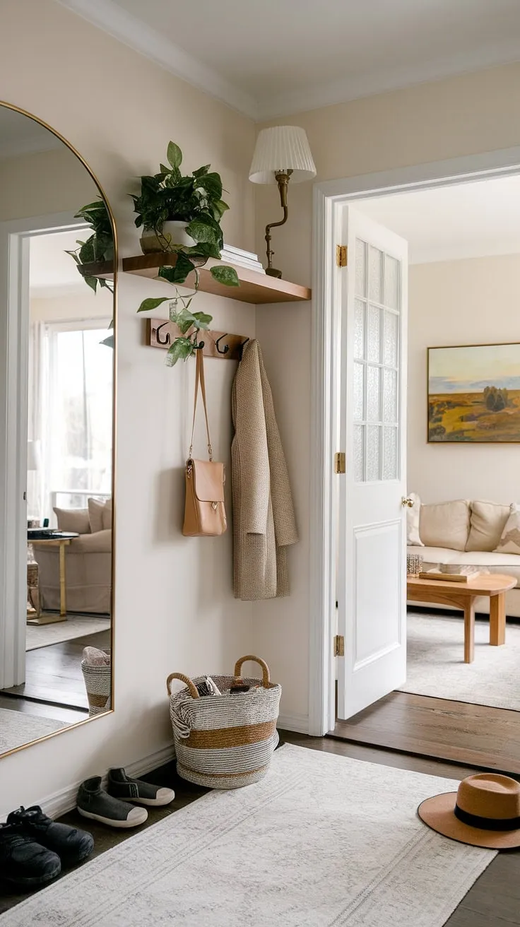 Maximize space and style in this small entryway. Clever home entrance decor and entryway ideas transform this hall and living room connection into a welcoming front entrance.